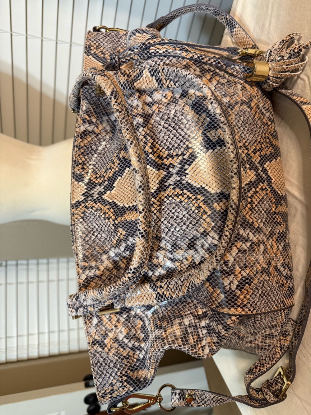 GILI Snake-Print Shoulder Bag in Brown and Black and Peach